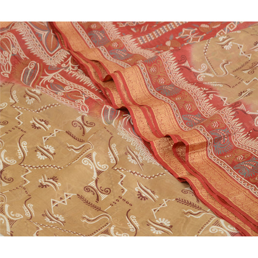 Sanskriti Vintage Saree Dark Red/Brown 100% Pure Silk 5.5+Yard Floral Printed Craft Fabric Uses-Table linen, Cushions, Curtains, Dressing
