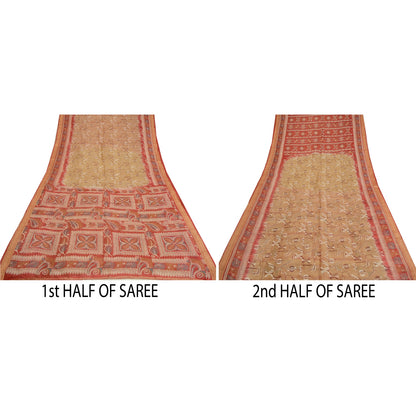 Sanskriti Vintage Dark Red/Brown Sarees 100% Pure Silk Printed Sari Craft Sustainable Fabric