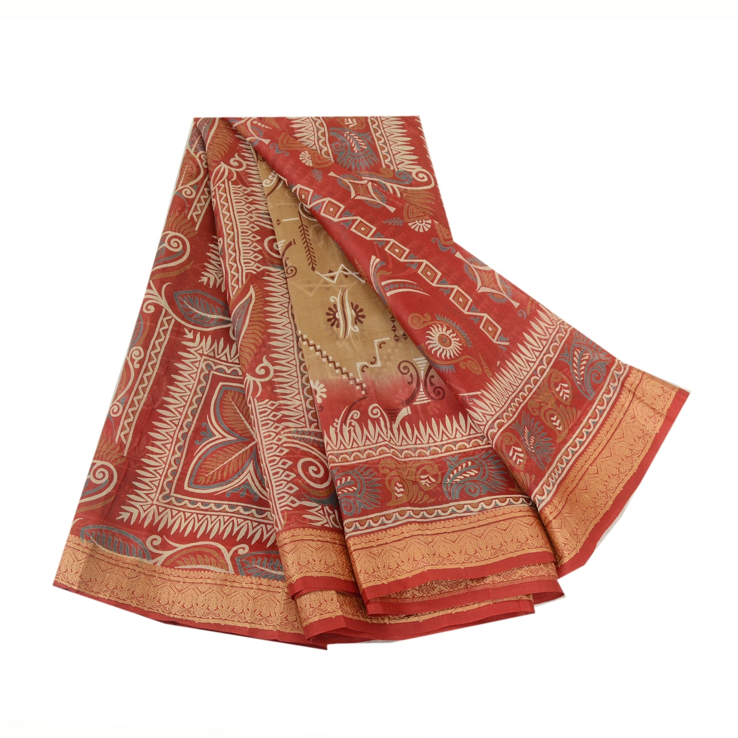 Sanskriti Vintage Dark Red/Brown Sarees 100% Pure Silk Printed Sari Craft Sustainable Fabric