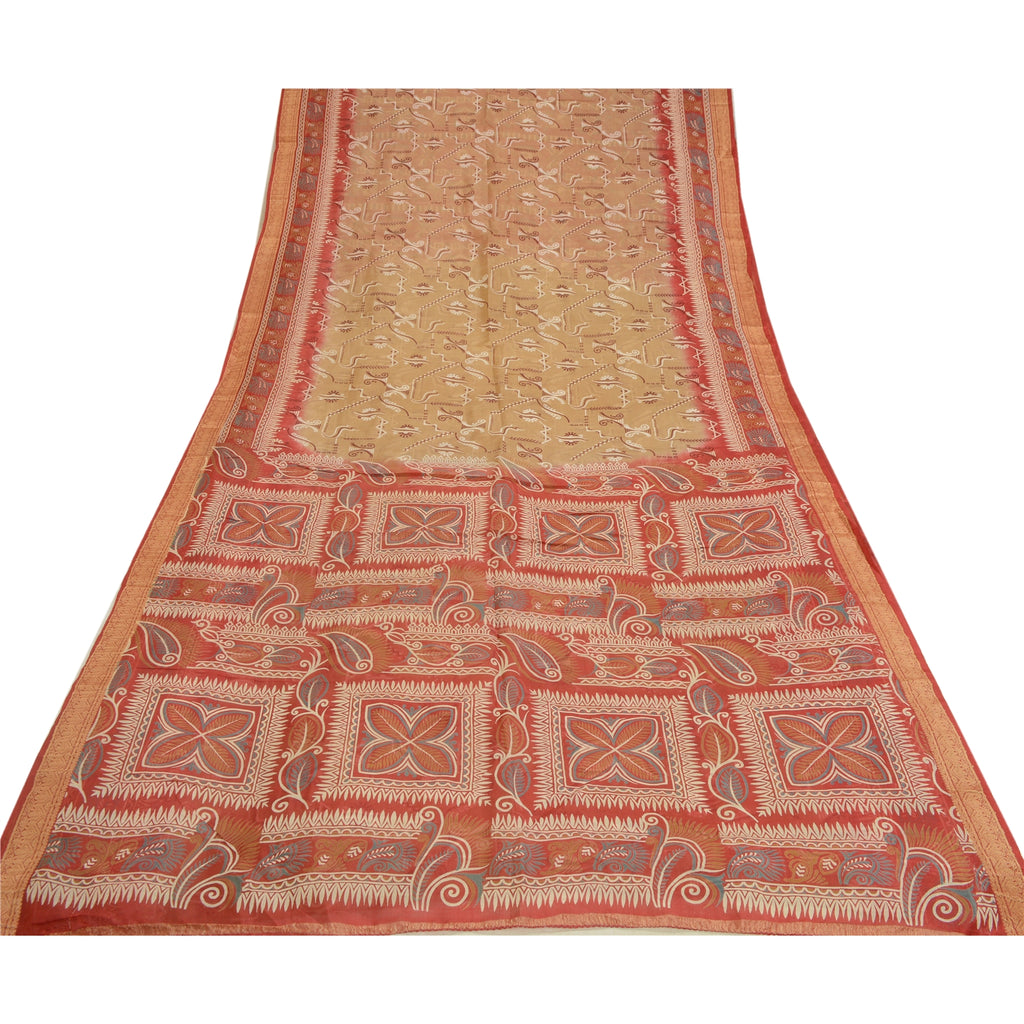 Sanskriti Vintage Dark Red/Brown Sarees 100% Pure Silk Printed Sari Craft Sustainable Fabric