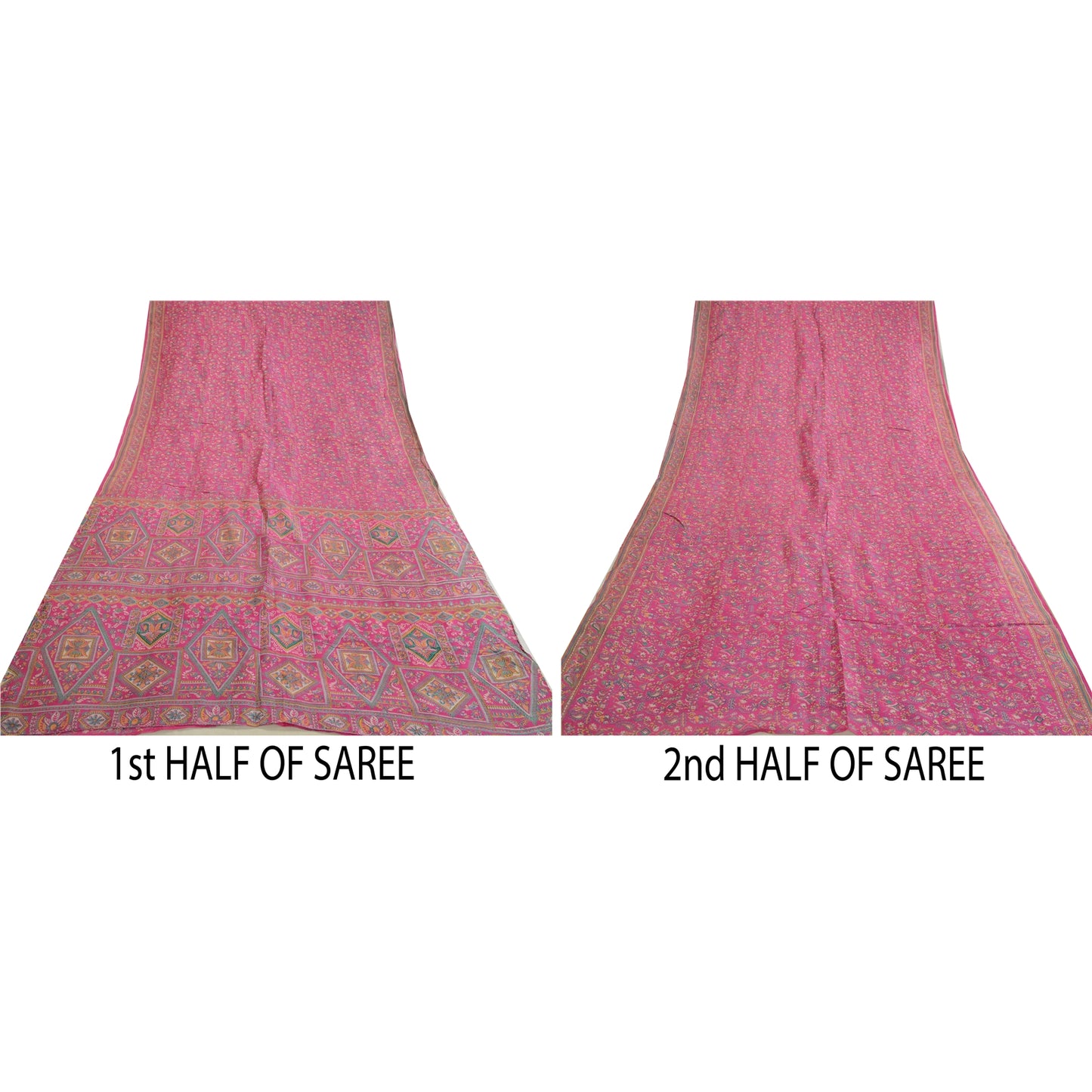 Sanskriti Vintage Sarees Pink 100% Ren Silke Trykt Sari Håndlavet 5 Yard Bæredygtigt Stof