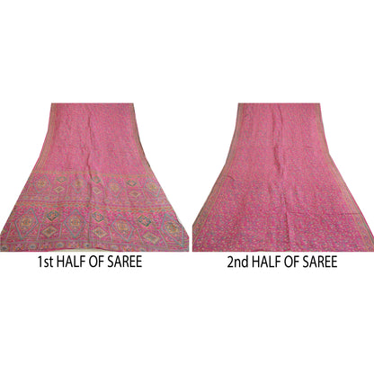 Sanskriti Vintage Sarees Pink 100% Ren Silke Trykt Sari Håndlavet 5 Yard Bæredygtigt Stof