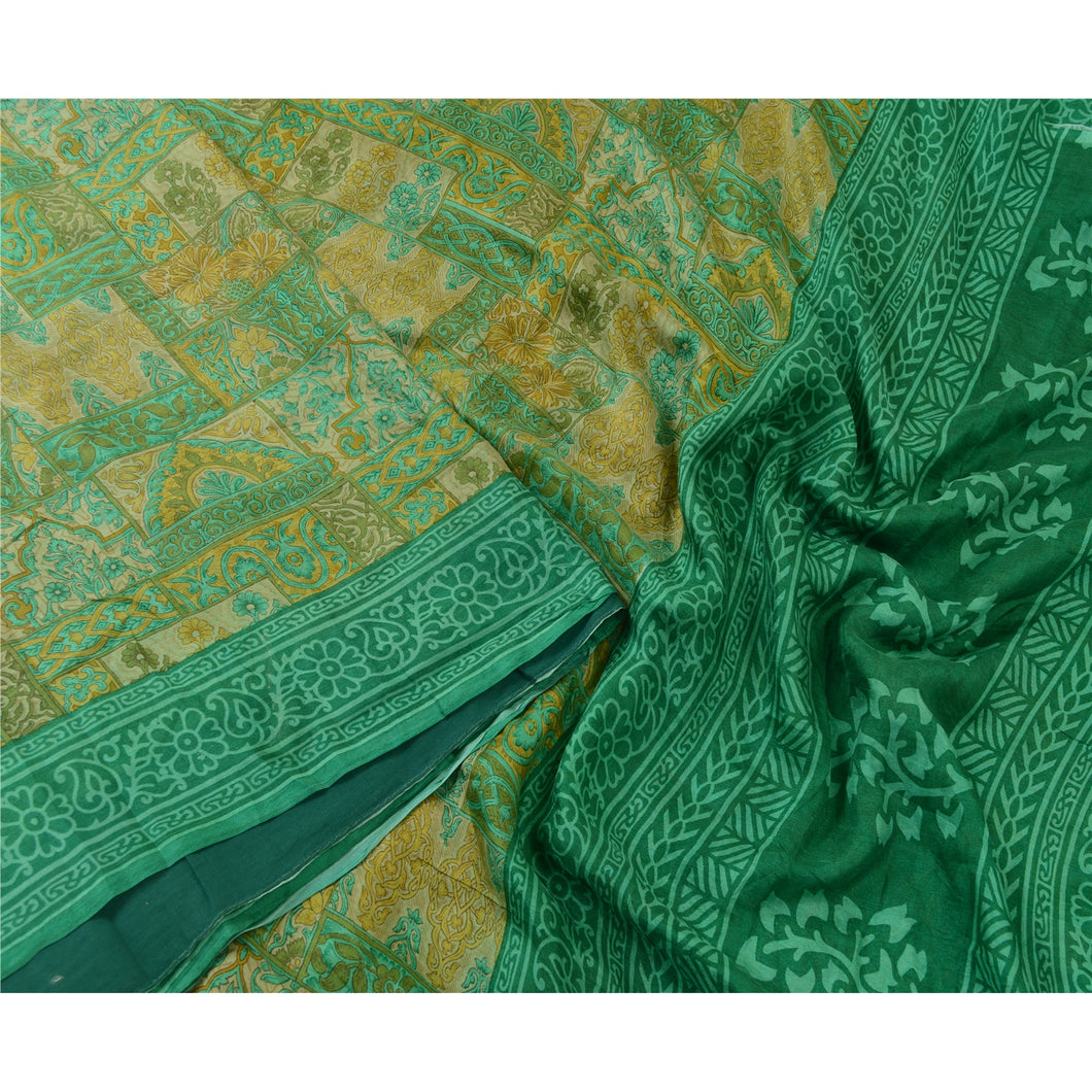 Sanskriti Vintage Sarees Indian Green Pure Silk Printed Sari 5yd Craft Fabric