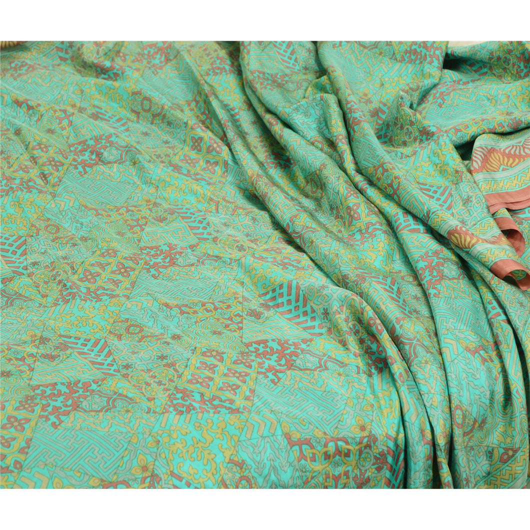 Sanskriti Vintage Sarees Green 100% Pure Silk Printed Sari Floral Craft Fabric
