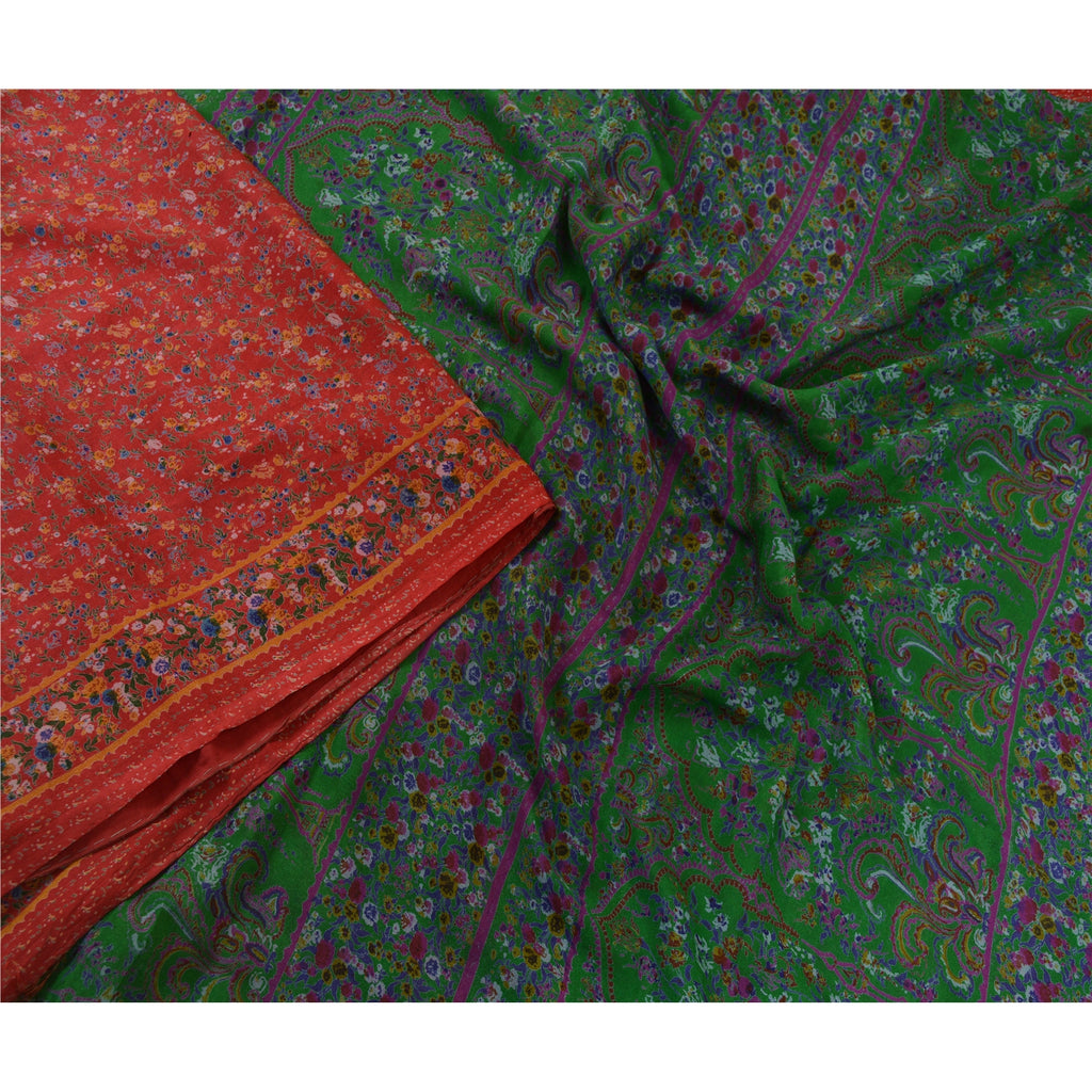 Sanskriti Vintage Sarees Red & Green 100% Pure Silk Printed Sari Craft Sustainable Fabric