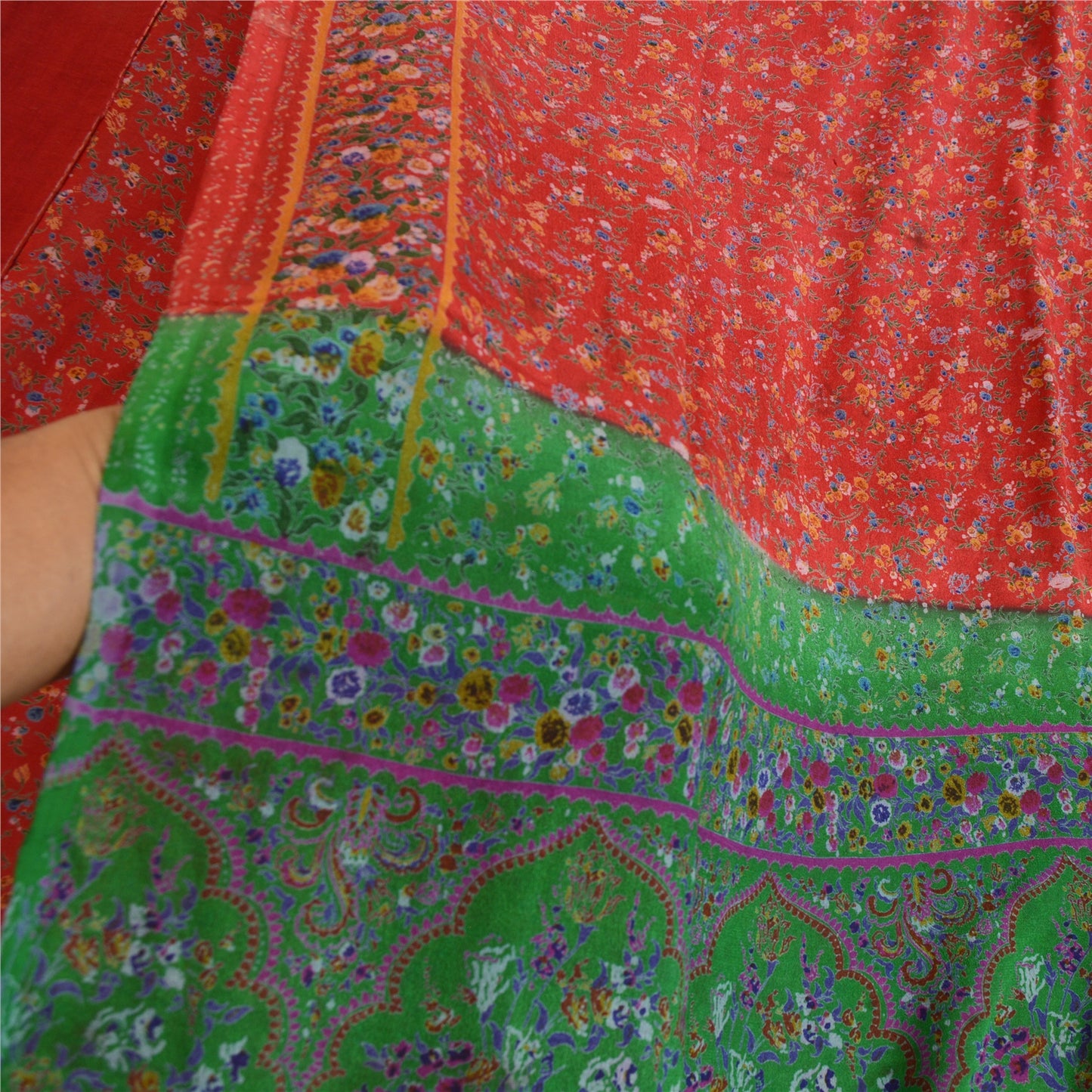 Sanskriti Vintage Sarees Red & Green 100% Pure Silk Printed Sari Craft Sustainable Fabric