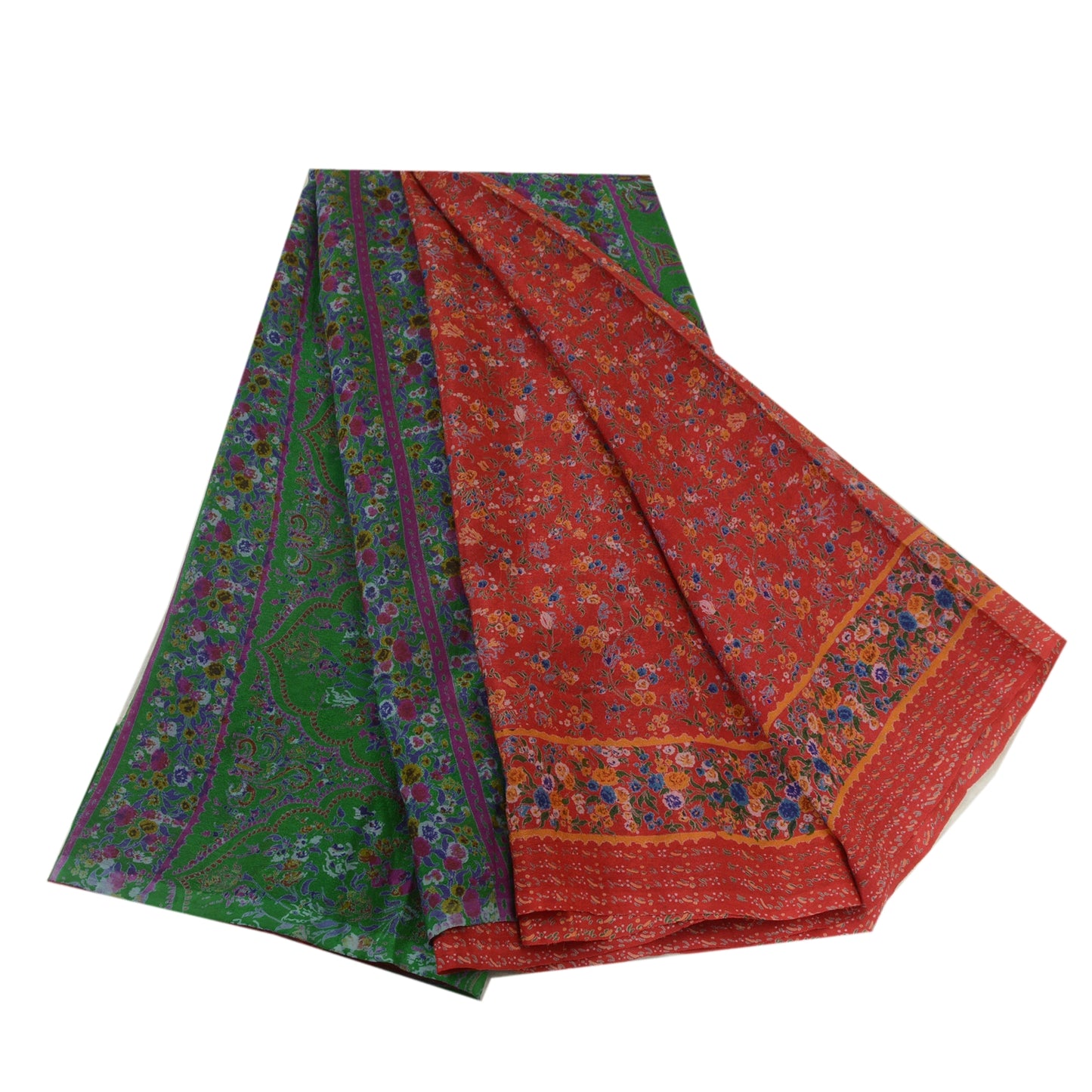 Sanskriti Vintage Sarees Red & Green 100% Pure Silk Printed Sari Craft Sustainable Fabric