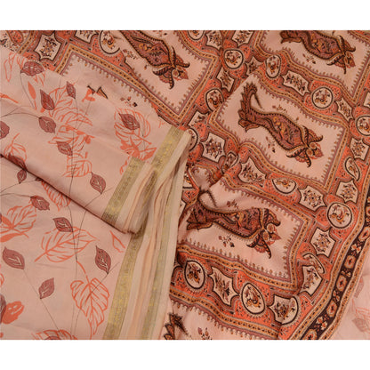 Sanskriti Vintage Sarees Pink Zari Border Pure Silk Printed Sari Craft Sustainable Fabric