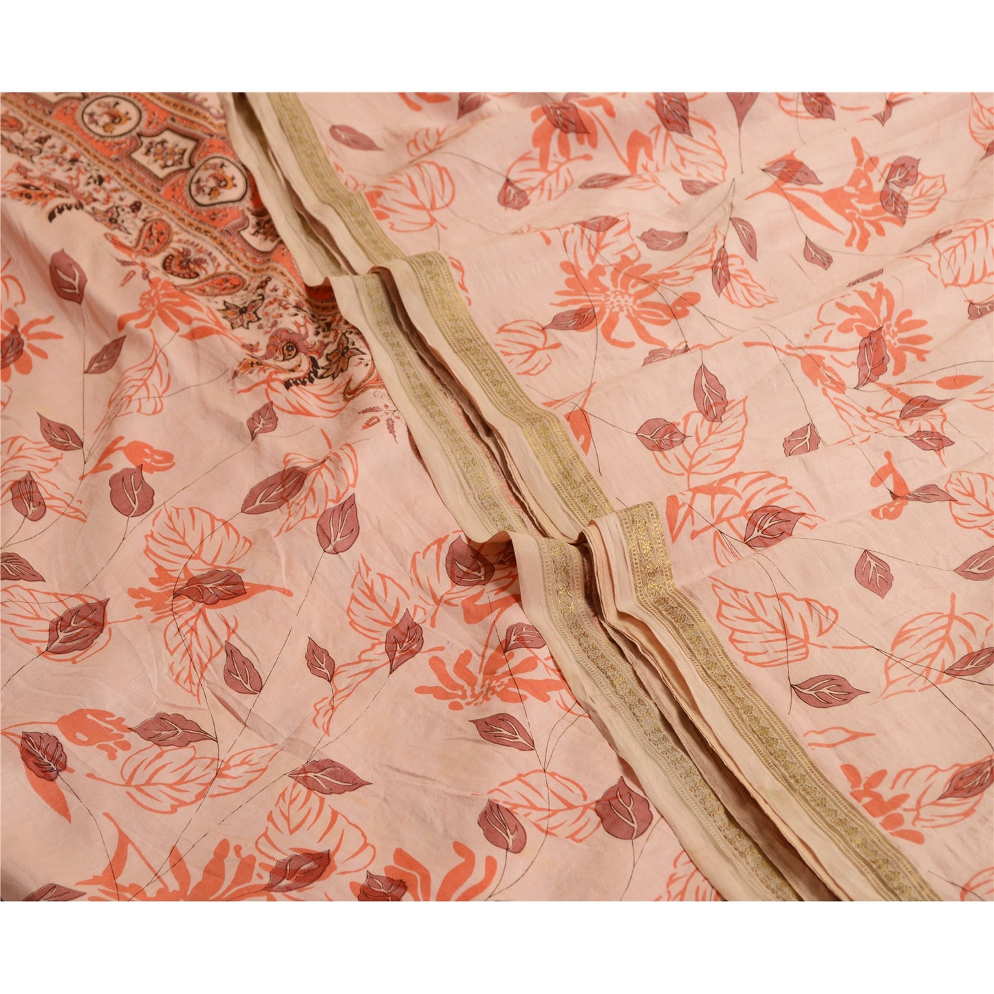 Sanskriti Vintage Sarees Pink Zari Border Pure Silk Printed Sari Craft Sustainable Fabric