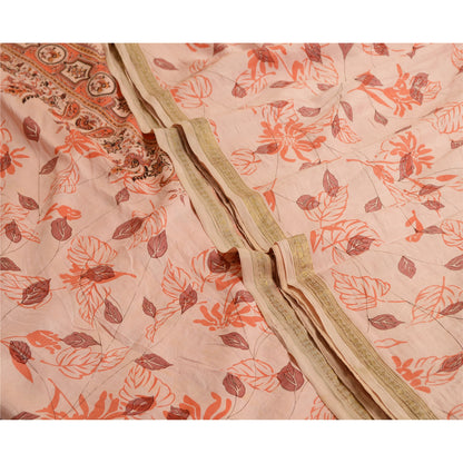 Sanskriti Vintage Sarees Pink Zari Border Pure Silk Printed Sari Craft Sustainable Fabric