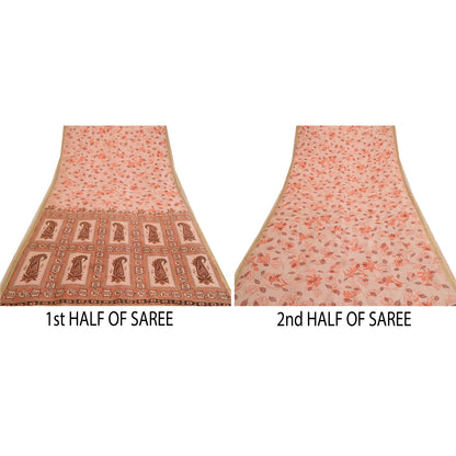 Sanskriti Vintage Sarees Pink Zari Border Pure Silk Printed Sari Craft Sustainable Fabric