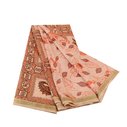 Sanskriti Vintage Sarees Pink Zari Border Pure Silk Printed Sari Craft Sustainable Fabric