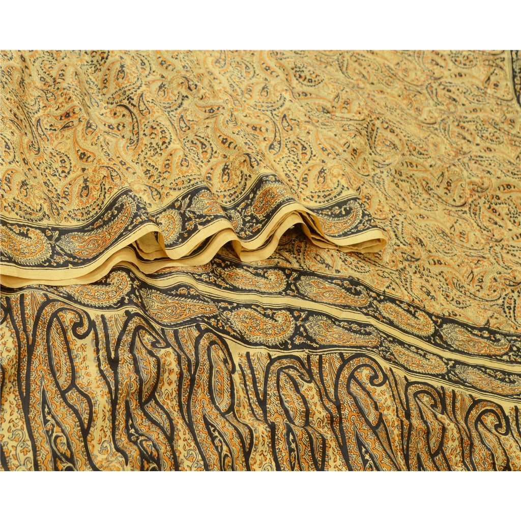 Sanskriti Vintage Sarees Beige Hand Block Printed Pure Silk Sari Craft Sustainable Fabric