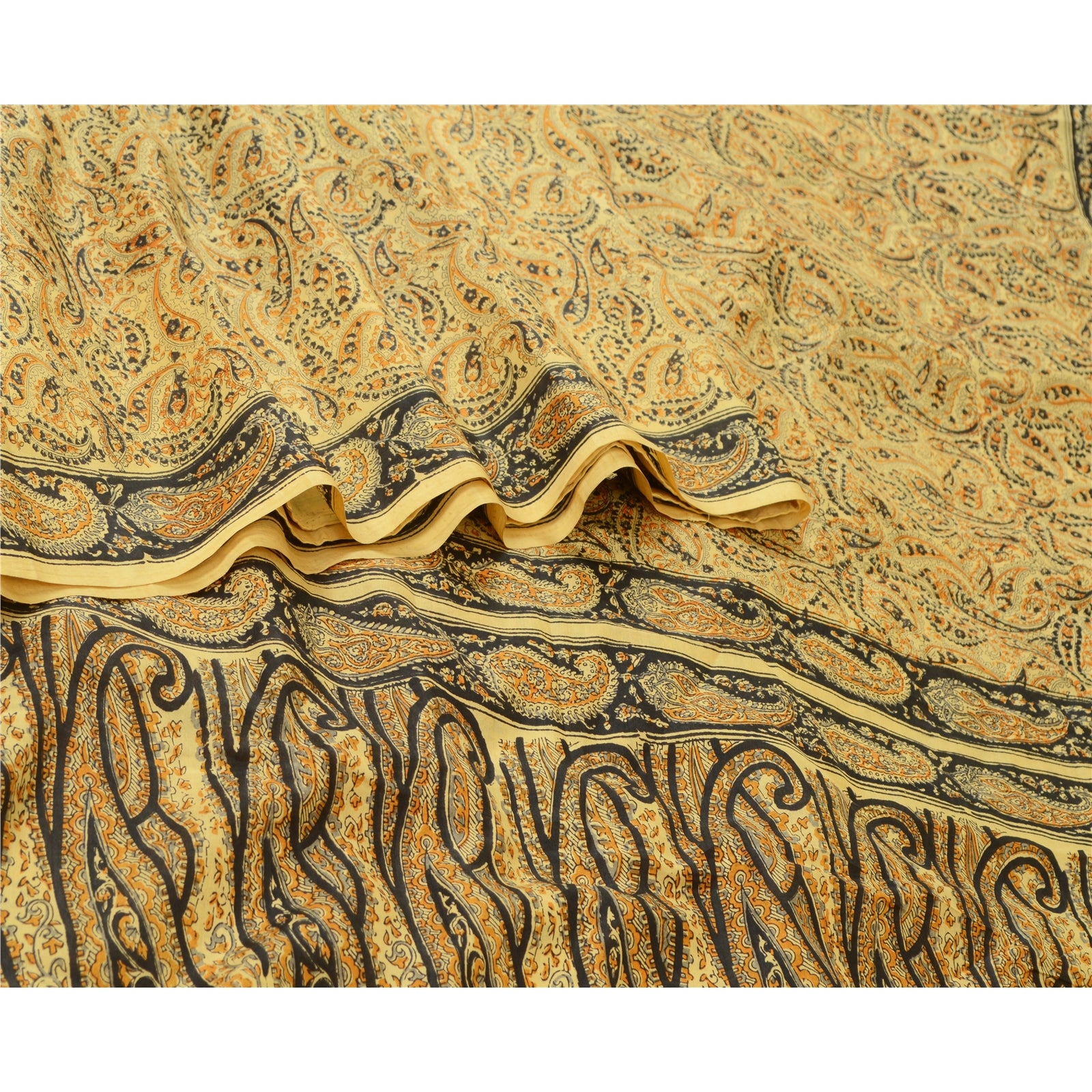 Sanskriti Vintage Sarees Beige Hand Block Printed Pure Silk Sari Craft Sustainable Fabric