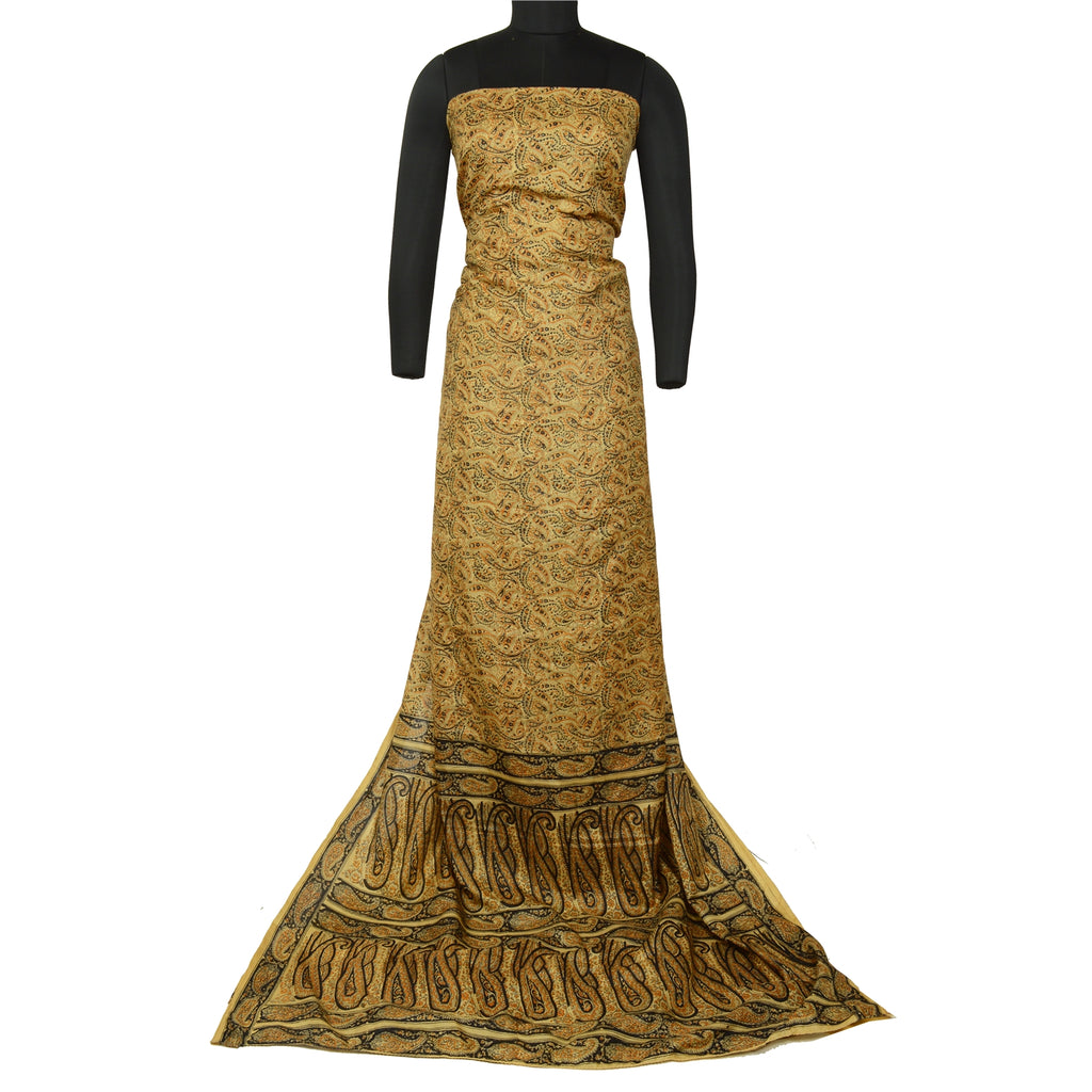 Sanskriti Vintage Sarees Beige Hand Block Printed Pure Silk Sari Craft Sustainable Fabric