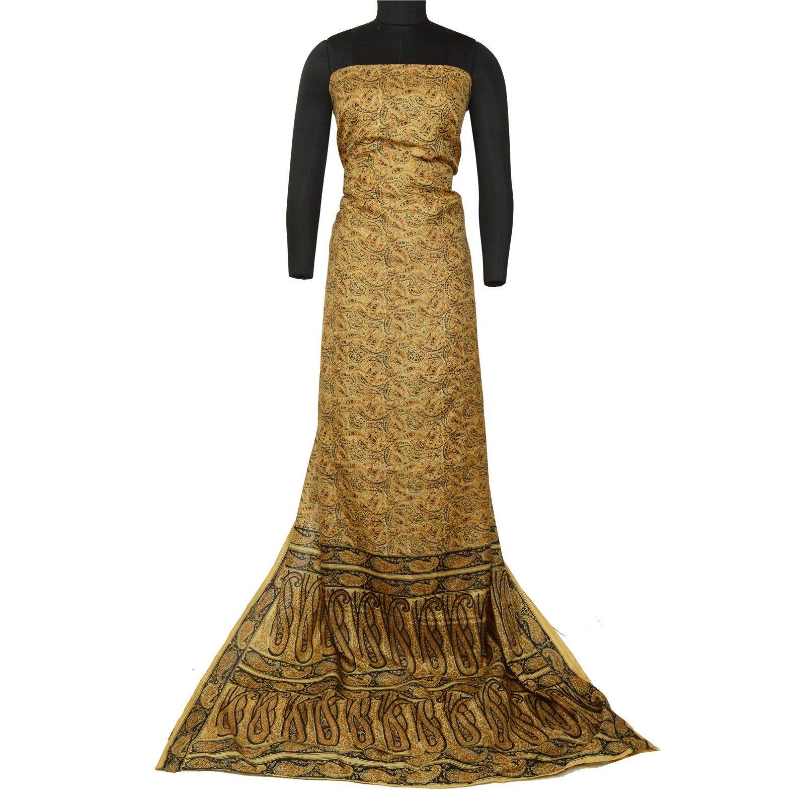 Sanskriti Vintage Sarees Beige Hand Block Printed Pure Silk Sari Craft Sustainable Fabric