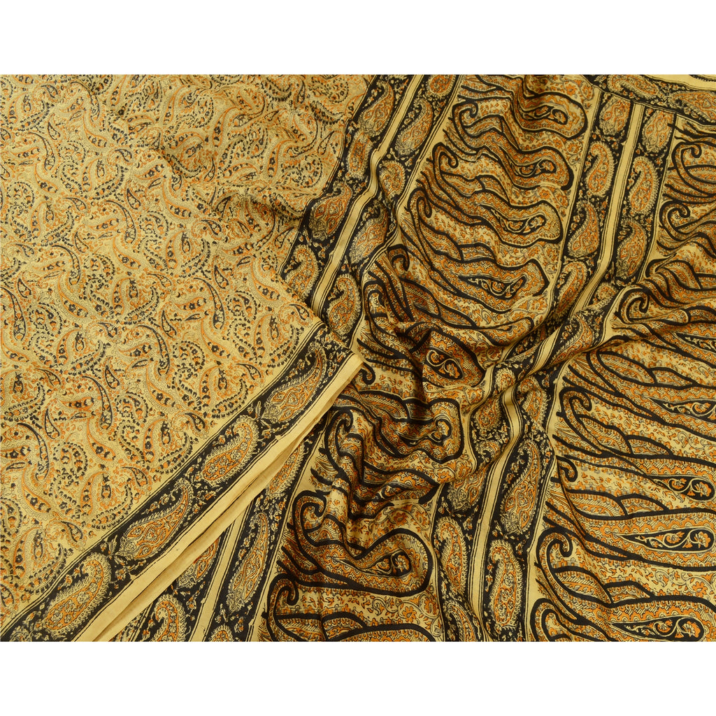 Sanskriti Vintage Sarees Beige Hand Block Printed Pure Silk Sari Craft Sustainable Fabric