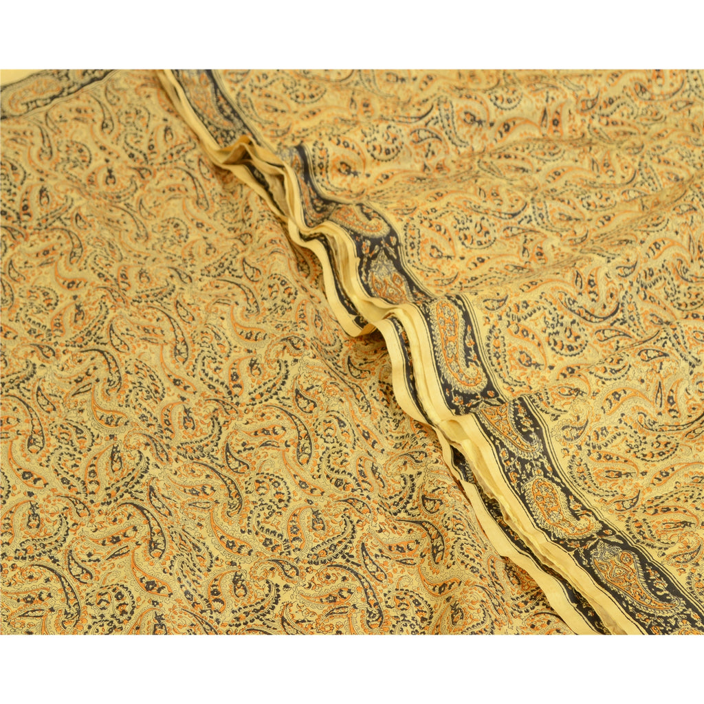 Sanskriti Vintage Sarees Beige Hand Block Printed Pure Silk Sari Craft Sustainable Fabric