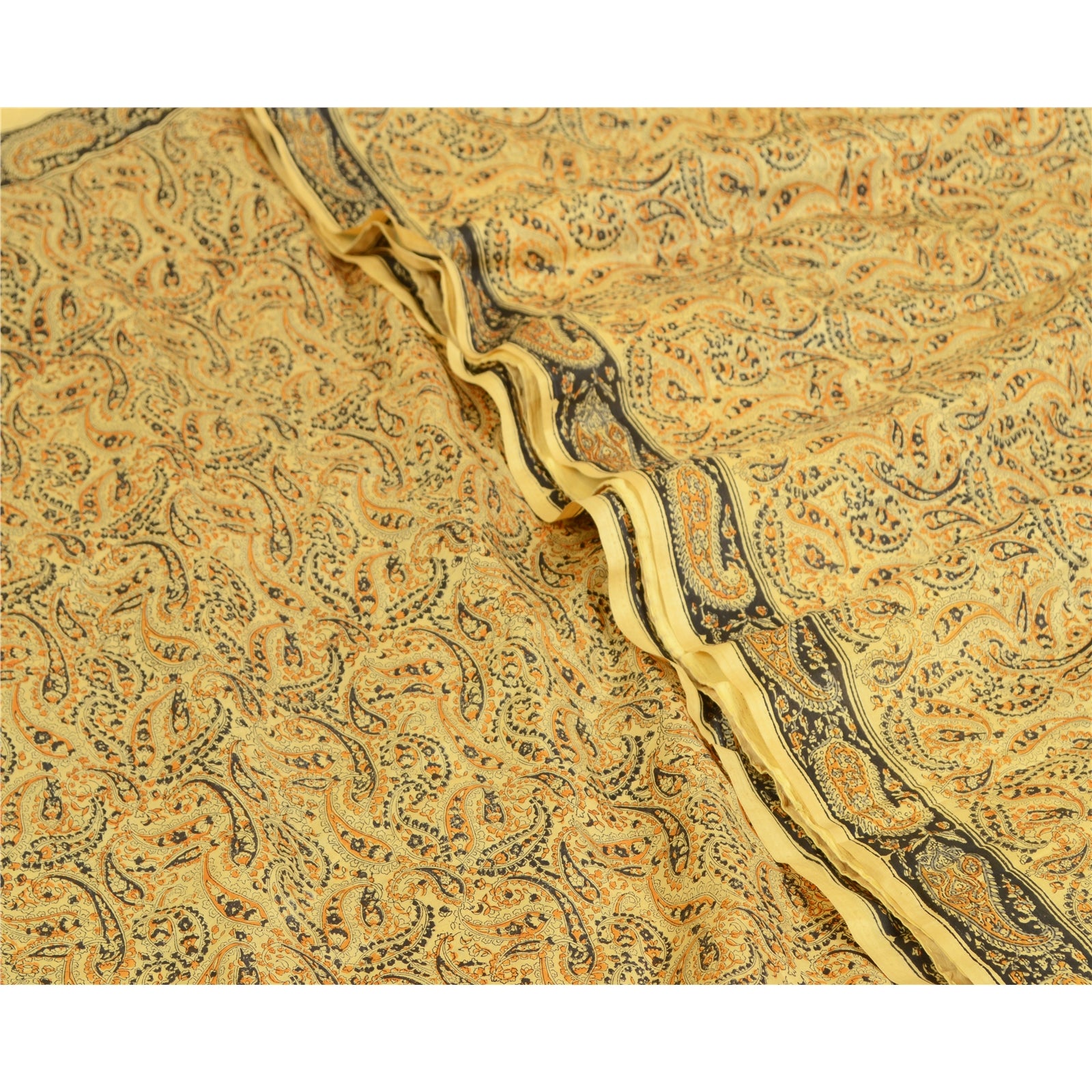 Sanskriti Vintage Sarees Beige Hand Block Printed Pure Silk Sari Craft Sustainable Fabric