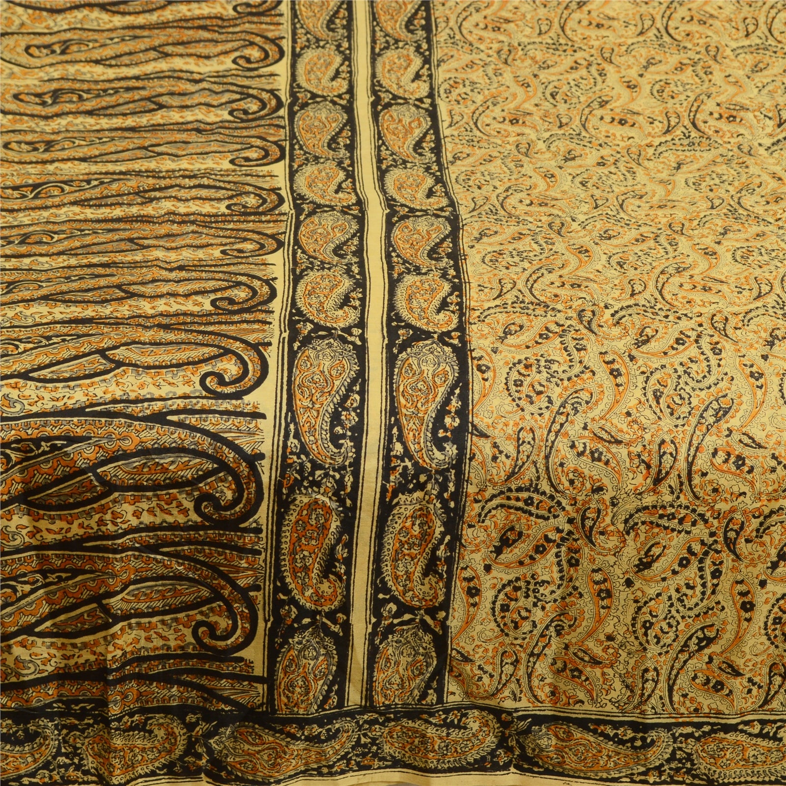 Sanskriti Vintage Sarees Beige Hand Block Printed Pure Silk Sari Craft Sustainable Fabric