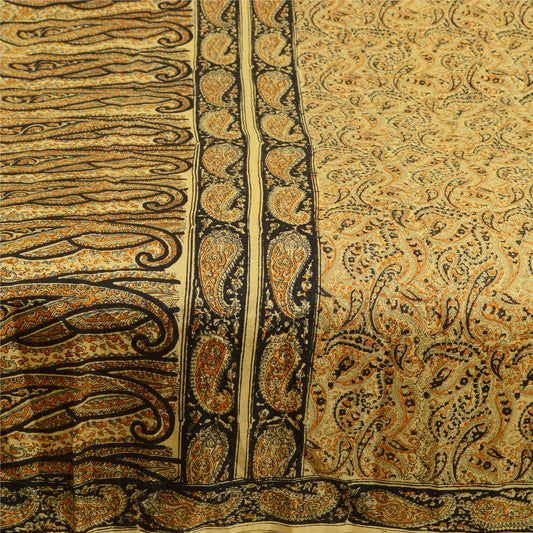 Sanskriti Vintage Sarees Beige Hand Block Printed Pure Silk Sari Craft Sustainable Fabric
