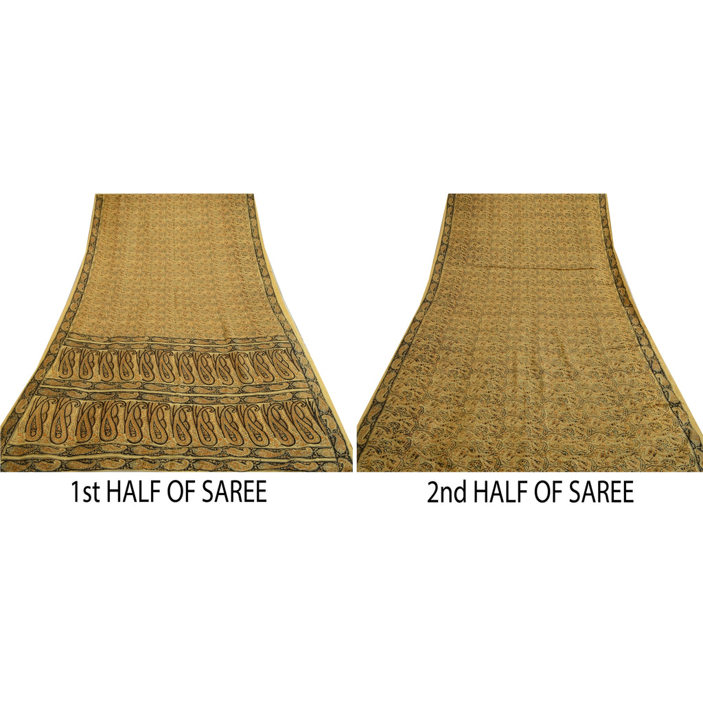 Sanskriti Vintage Sarees Beige Hand Block Printed Pure Silk Sari Craft Sustainable Fabric