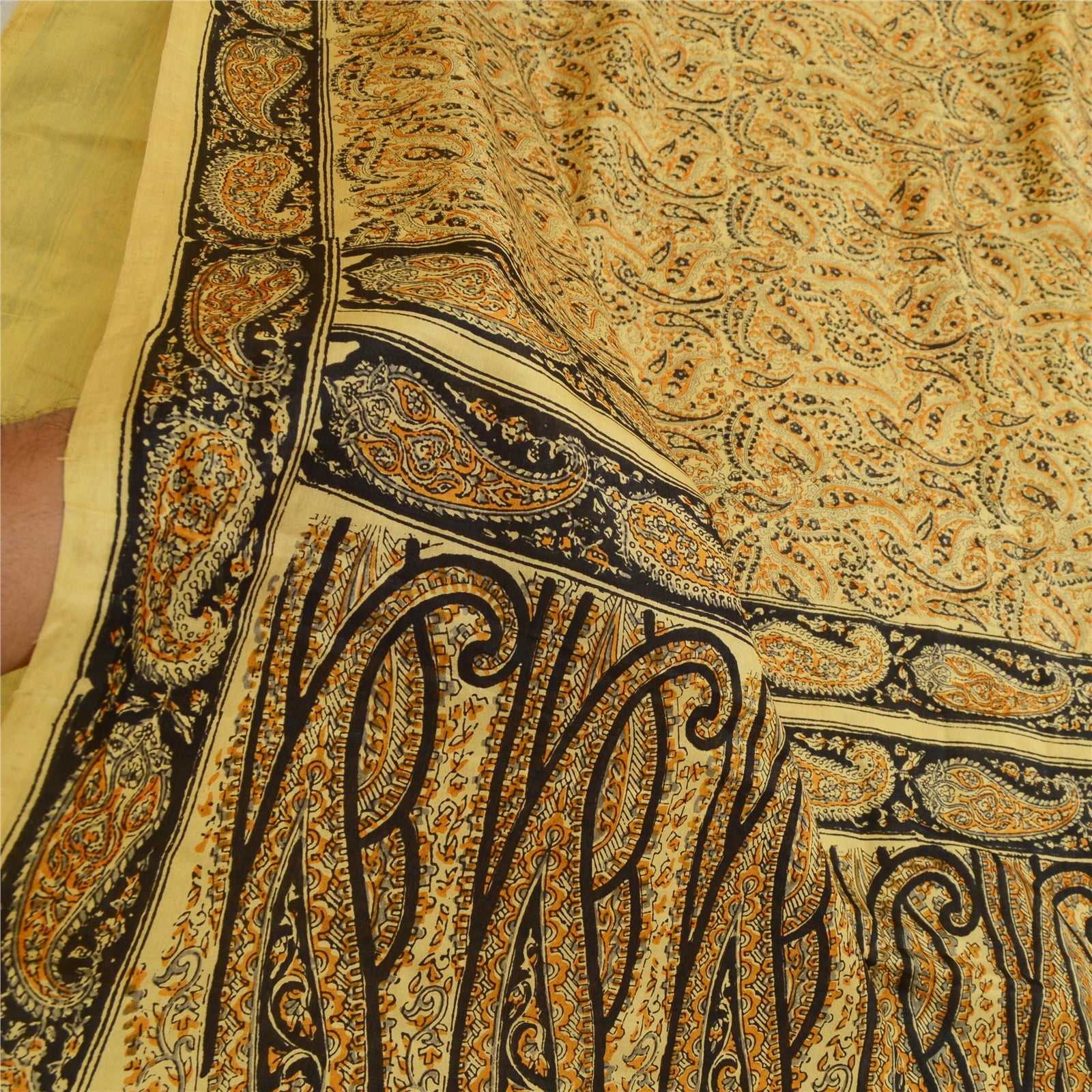 Sanskriti Vintage Sarees Beige Hand Block Printed Pure Silk Sari Craft Sustainable Fabric