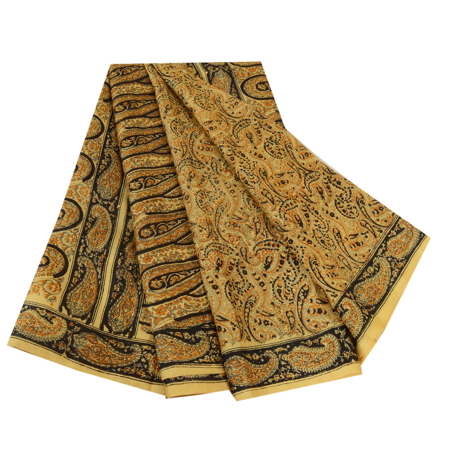 Sanskriti Vintage Sarees Beige Hand Block Printed Pure Silk Sari Craft Sustainable Fabric