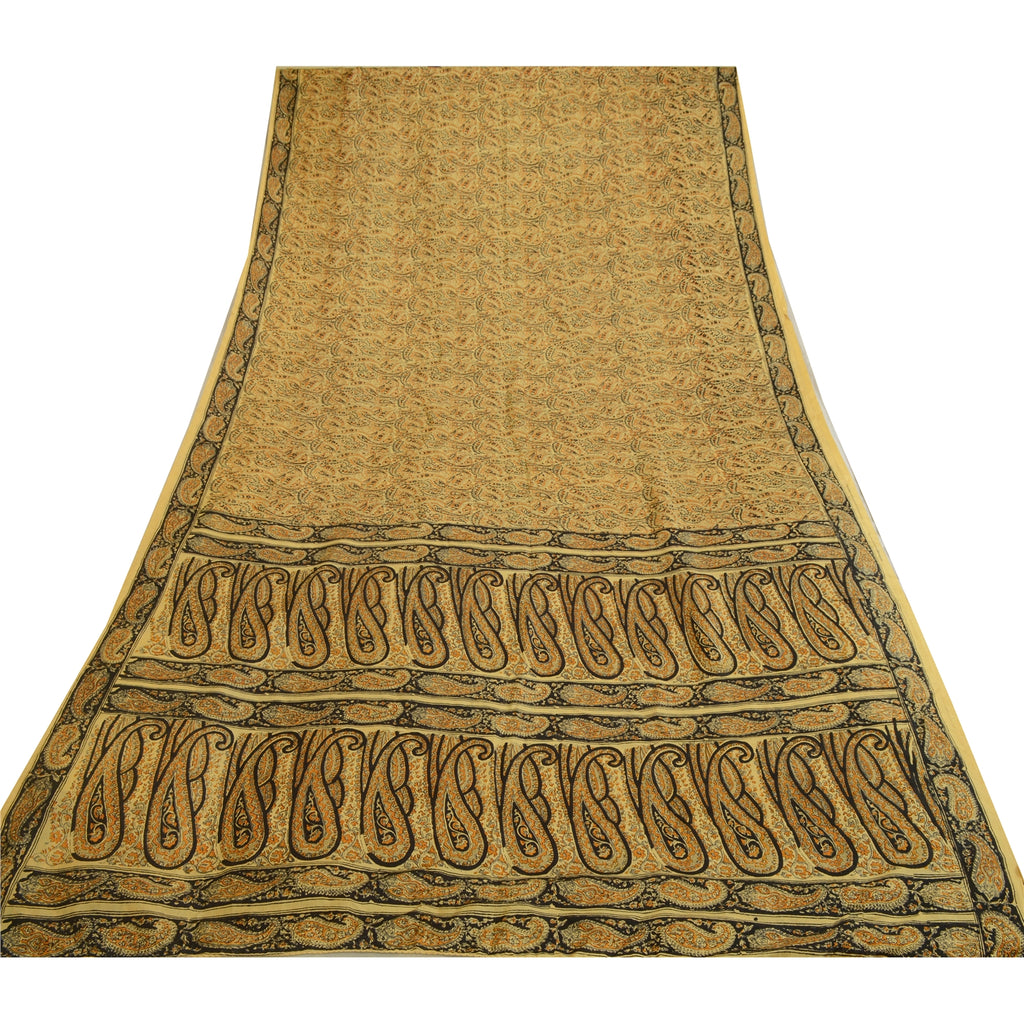 Sanskriti Vintage Sarees Beige Hand Block Printed Pure Silk Sari Craft Sustainable Fabric