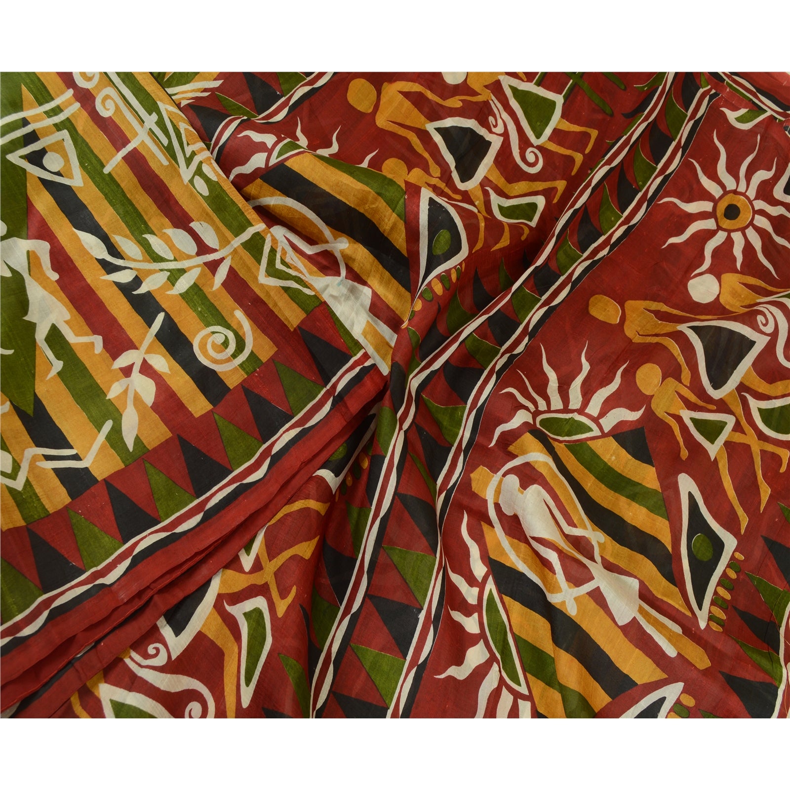 Sanskriti Vintage Sarees Green/Red Warli Art Printed Pure Silk Sari Craft Sustainable Fabric