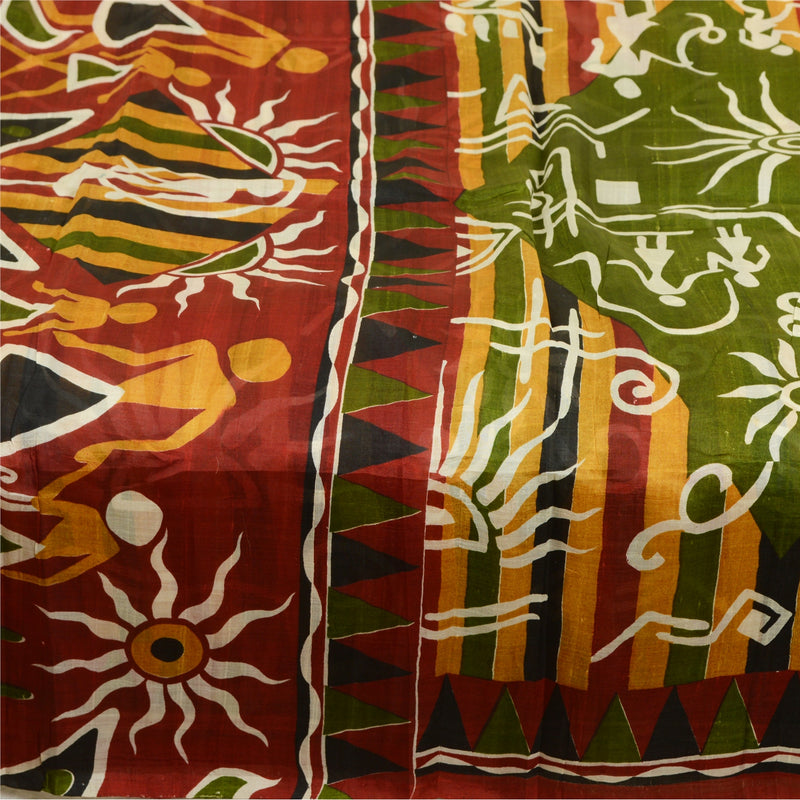 Sanskriti Vintage Sarees Green/Red Warli Art Printed Pure Silk Sari Craft Sustainable Fabric
