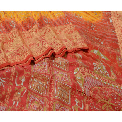 Sanskriti Vintage Sarees Yellow/Red Animal Human Print Pure Silk Sari 5yd Sustainable Fabric