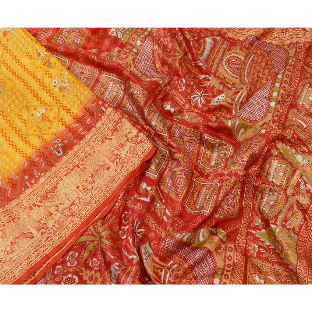 Sanskriti Vintage Sarees Yellow/Red Animal Human Print Pure Silk Sari 5yd Sustainable Fabric