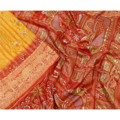 Sanskriti Vintage Sarees Yellow/Red Animal Human Print Pure Silk Sari 5yd Sustainable Fabric