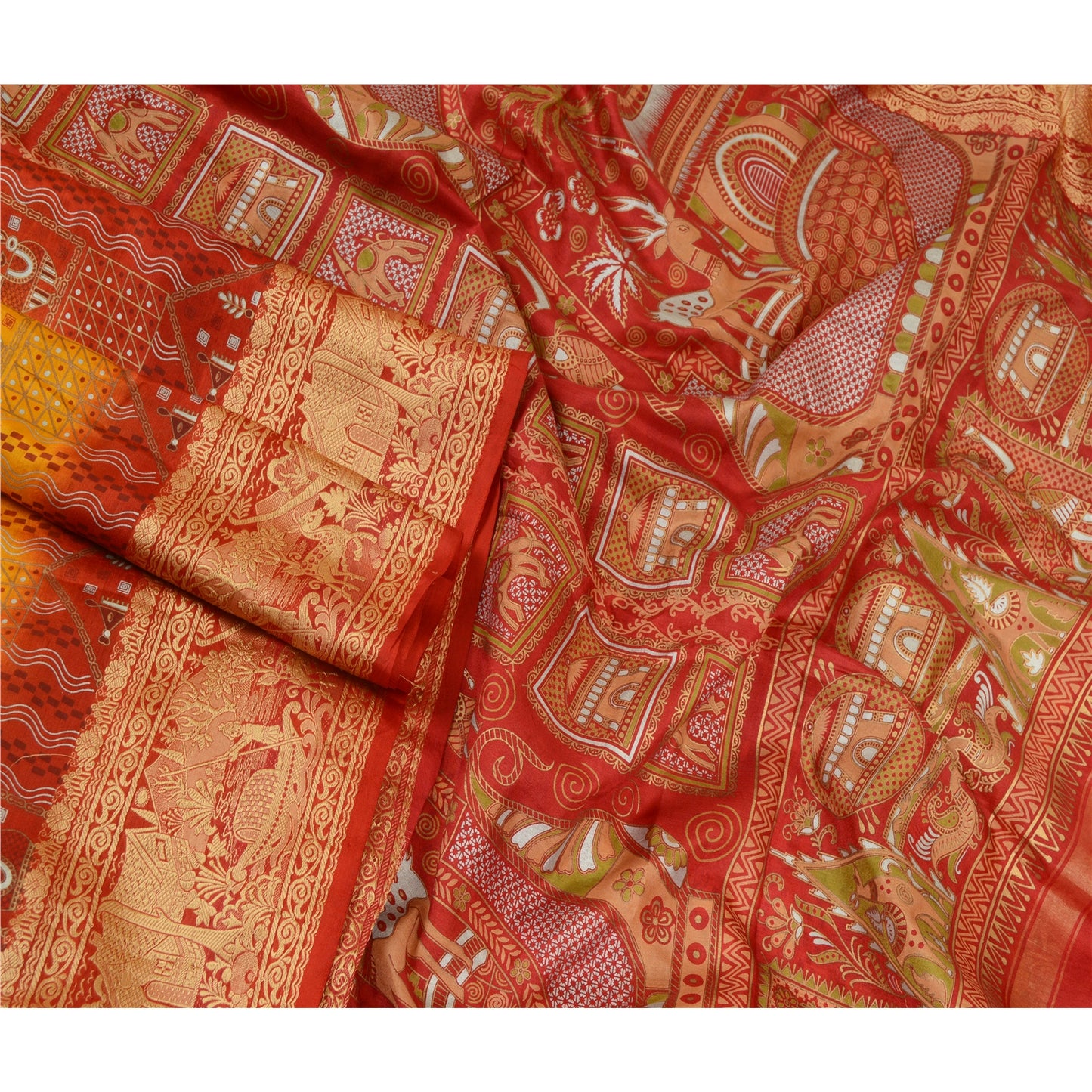 Sanskriti Vintage Sarees Yellow/Red Animal Human Print Pure Silk Sari 5yd Sustainable Fabric