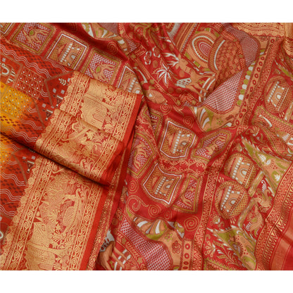 Sanskriti Vintage Sarees Yellow/Red Animal Human Print Pure Silk Sari 5yd Sustainable Fabric