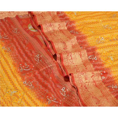 Sanskriti Vintage Sarees Yellow/Red Animal Human Print Pure Silk Sari 5yd Sustainable Fabric
