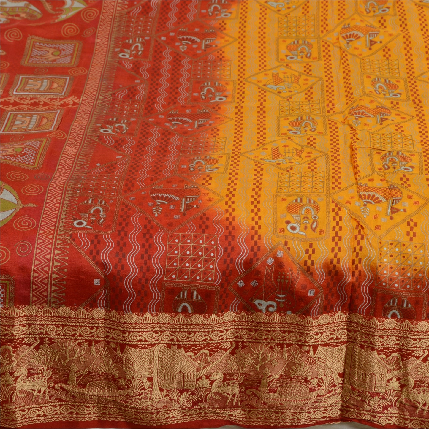 Sanskriti Vintage Sarees Yellow/Red Animal Human Print Pure Silk Sari 5yd Sustainable Fabric