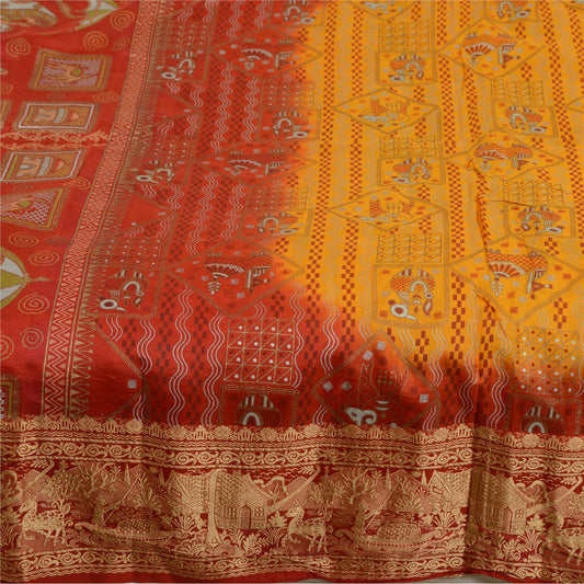 Sanskriti Vintage Sarees Yellow/Red Animal Human Print Pure Silk Sari 5yd Sustainable Fabric