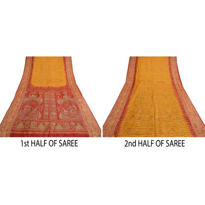 Sanskriti Vintage Sarees Yellow/Red Animal Human Print Pure Silk Sari 5yd Sustainable Fabric