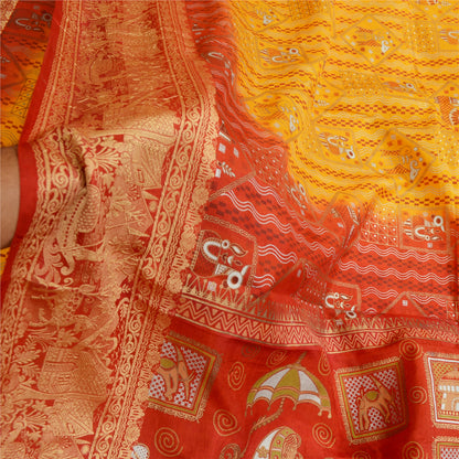 Sanskriti Vintage Sarees Yellow/Red Animal Human Print Pure Silk Sari 5yd Sustainable Fabric