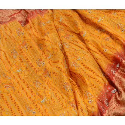 Sanskriti Vintage Sarees Yellow/Red Animal Human Print Pure Silk Sari 5yd Sustainable Fabric