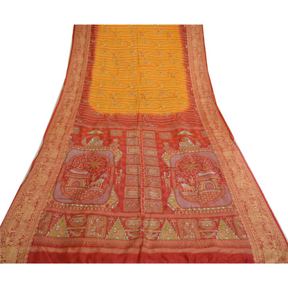 Sanskriti Vintage Sarees Yellow/Red Animal Human Print Pure Silk Sari 5yd Sustainable Fabric