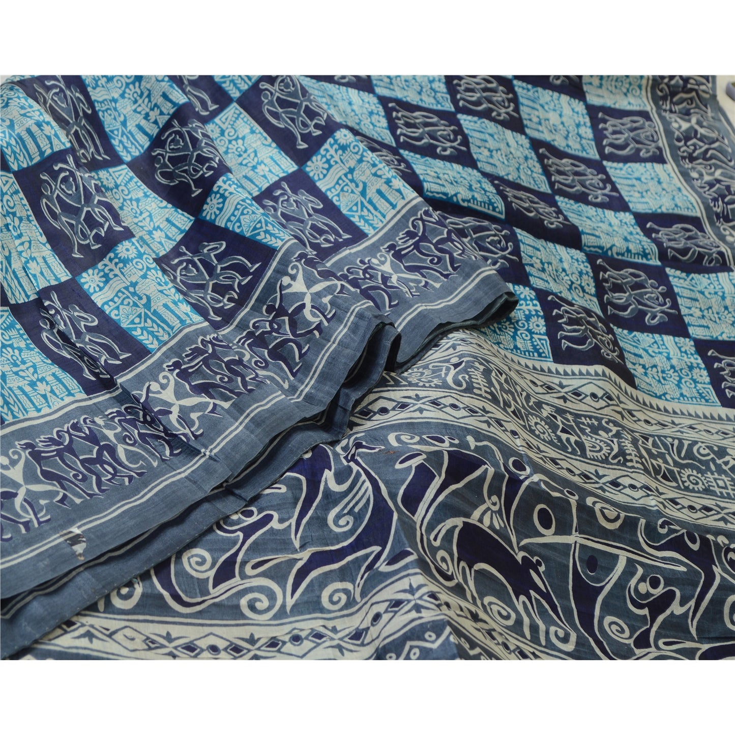 Sanskriti Vintage Sarees Gray Pure Silk Abstract Human Animal Print Sari Sustainable Fabric