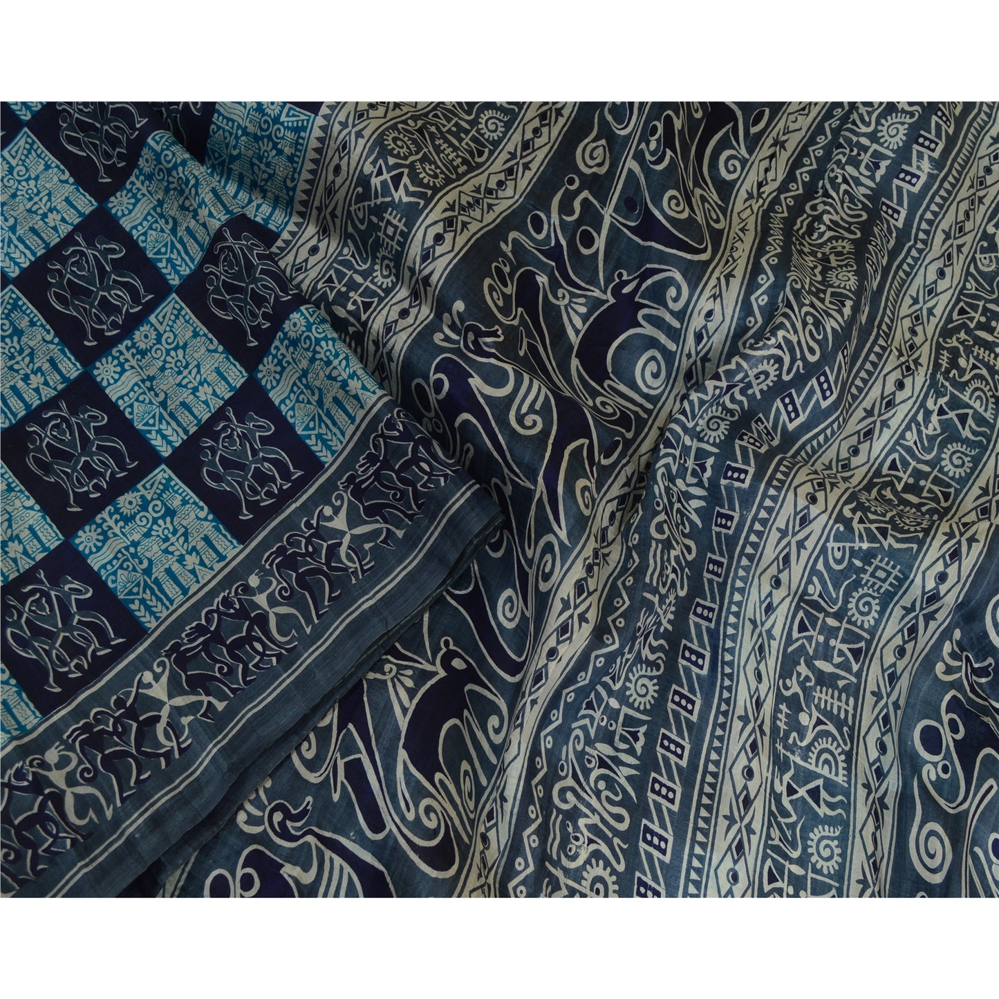 Sanskriti Vintage Sarees Gray Pure Silk Abstract Human Animal Print Sari Sustainable Fabric