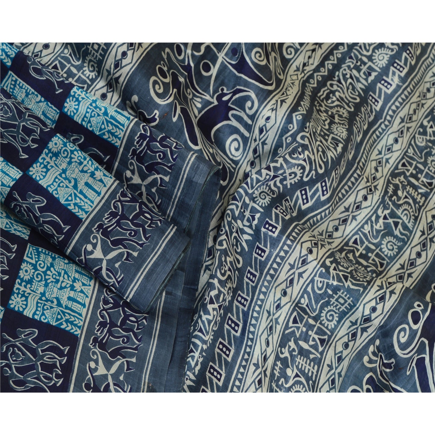 Sanskriti Vintage Sarees Gray Pure Silk Abstract Human Animal Print Sari Sustainable Fabric