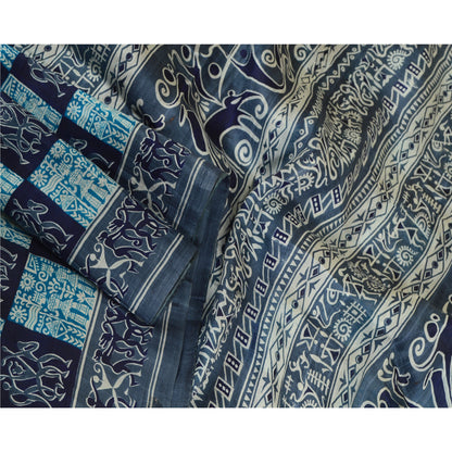 Sanskriti Vintage Sarees Gray Pure Silk Abstract Human Animal Print Sari Sustainable Fabric
