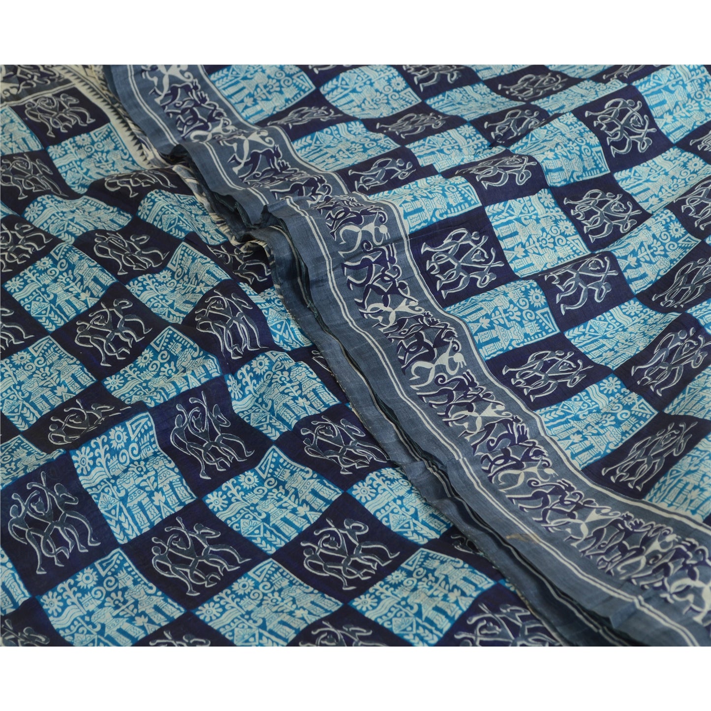 Sanskriti Vintage Sarees Gray Pure Silk Abstract Human Animal Print Sari Sustainable Fabric