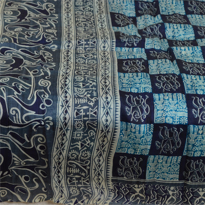 Sanskriti Vintage Sarees Gray Pure Silk Abstract Human Animal Print Sari Sustainable Fabric