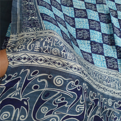 Sanskriti Vintage Sarees Gray Pure Silk Abstract Human Animal Print Sari Sustainable Fabric